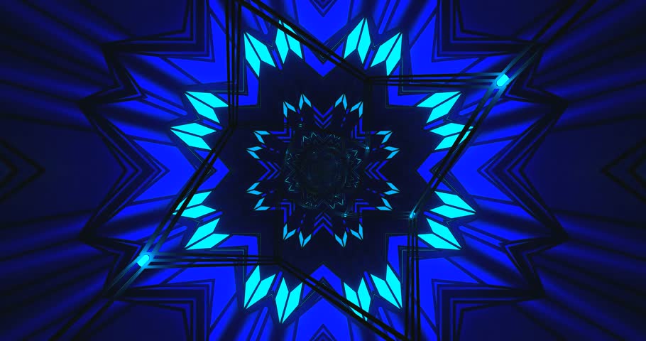 A dynamic digital artwork of an endless kaleidoscope tunnel in vibrant electric blue and bright cyan neon colors.