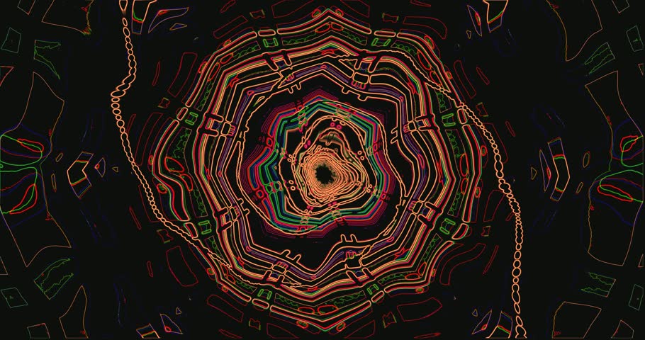 An abstract tunnel art of concentric, wavy lines in multi colors on a dark background