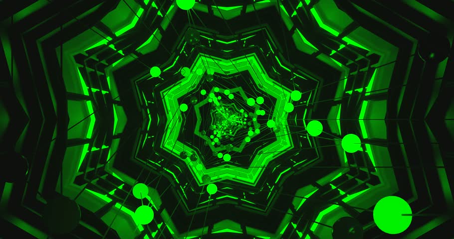 A vibrant neon green and black kaleidoscope tunnel. The abstract pattern is a star-like repeating geometrical shape with glowing orbs