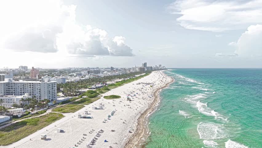 Aerial Shot of South Beach Miami, Florida USA, Sandy Shore, Waterfront Buildings and Parks