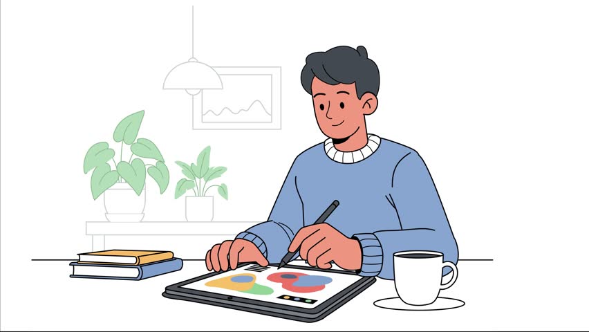 A young digital artist working on a tablet in a modern workspace. It shows creativity, concentration, and the digital art process, ideal for concepts of design, illustration, creativity, freelancing