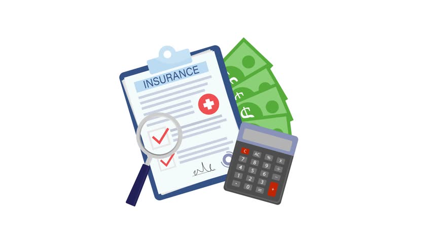 Insurance policy document with magnifying glass, calculator and money on white and green screen