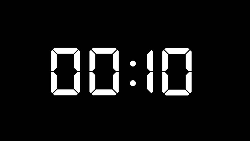 10-second digital analog timer animation on black background