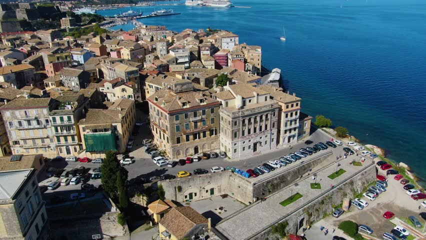 Ascending aerial shot of Corfu