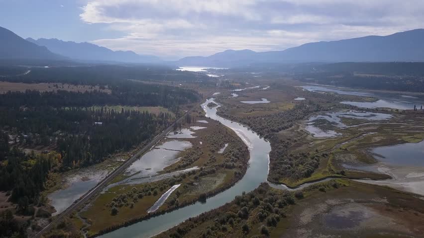 Aerial view of wetland meanders of Columbia River in British Columbia