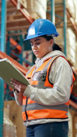 Supply chain, tablet and woman in warehouse for logistics, delivery inventory and quality control. Distribution, shipping and person on digital tech for inspection report, stock checklist and cargo