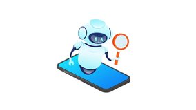 White Robot Holding Magnifying Glass and Test Tube on Smartphone with White and Green Screen Background - Powered by Shutterstock - Get 15% off with code: PIKWIZARD15