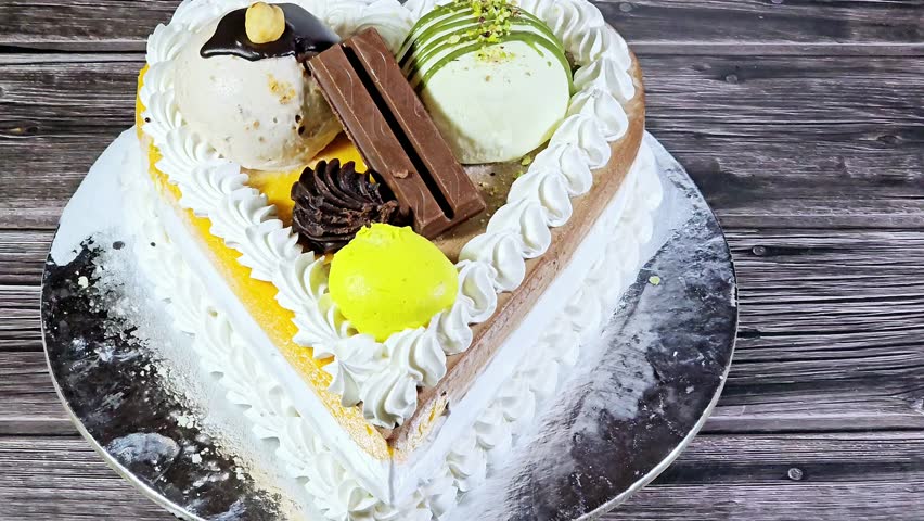 Ice cream cake of assorted and various flavors with a sponge cake layer within ice cream and whipped cream, Ice cream of mango, vanilla and chocolate, with pistachio ball and sauce and hazelnut ball