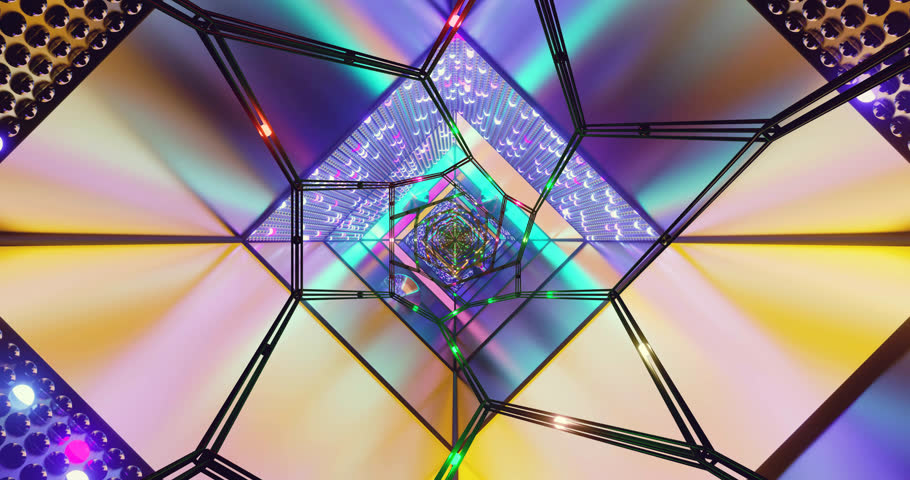 A 3d bright, neon-lit infinite tunnel of geometric shapes in vibrant colors and smooth motion