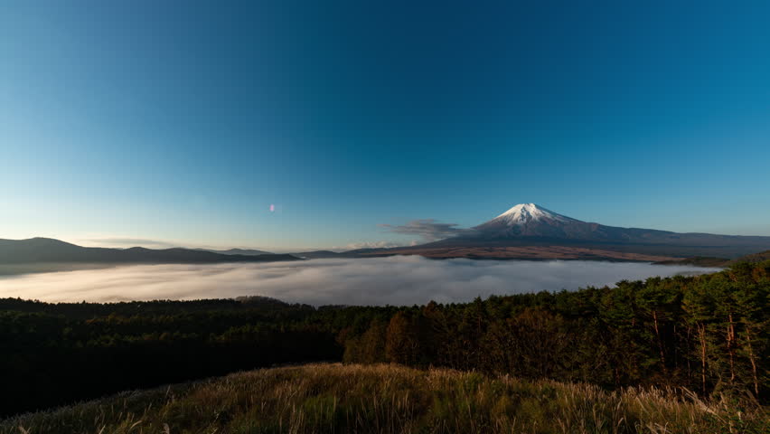Mount Fuji over Sea of Clouds from a Hill in Oshino Village (Ultra Wide Angle, Time-Lapse)