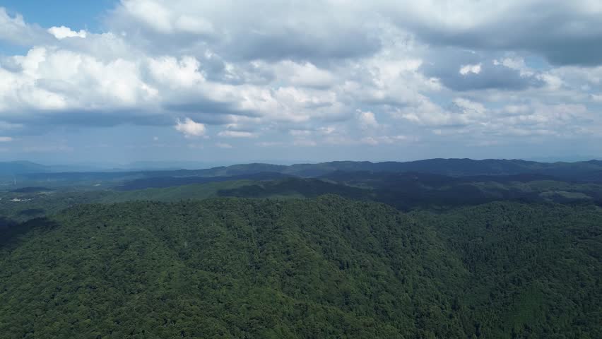 Aerial view of Kasugayama Primeval Forest in Nara, Japan, featuring lush green mountains and a cloudy sky, presenting the pristine natural scenery from the mountaintop.