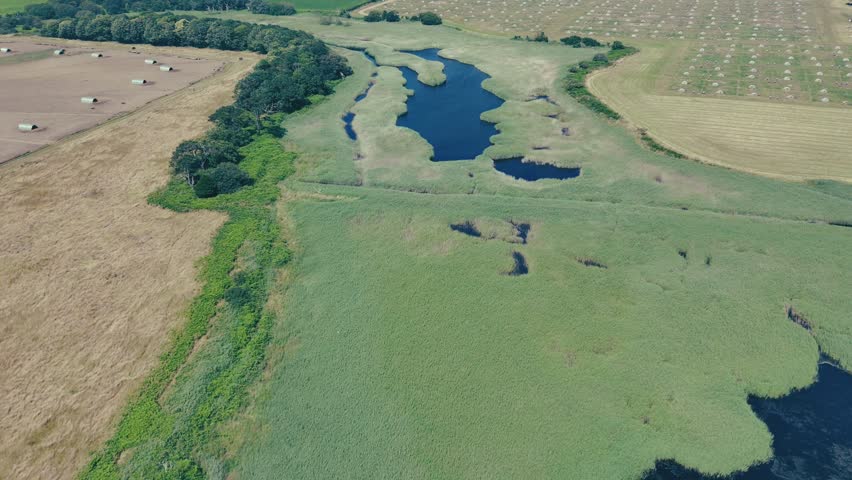 A drone view over Covehithe, England, following winding marsh channels filled with reeds, edged by contrasting fields of yellow and green farmland