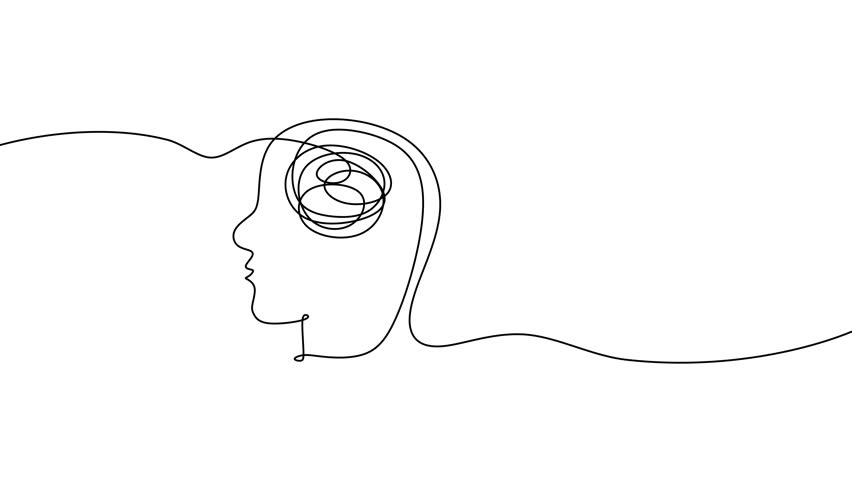 Animated self drawing of one continuous line forming a person struggling with mental health. Emotional distress, anxiety, and the concept of overcoming problems. 4K UHD motion graphic clip.
