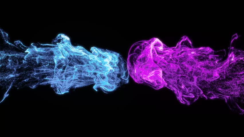 Blue and magenta particle flows collide and explode into a vivid fusion, isolated on black for modern motion design.