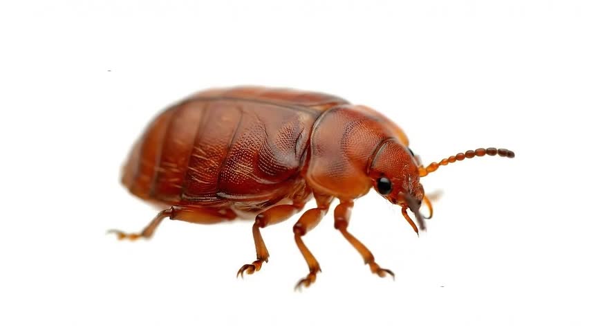 A detailed macro photograph captures a small, brown beetle from a side angle against a stark white background. The beetle