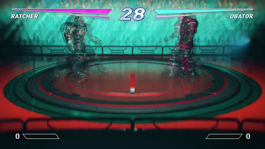 From player camera, android and Robot battle under neon lights while crowd roars. Fighting Fake Video Game Mock Up conveys intensity of action with feel of esports fighting arena showcase.