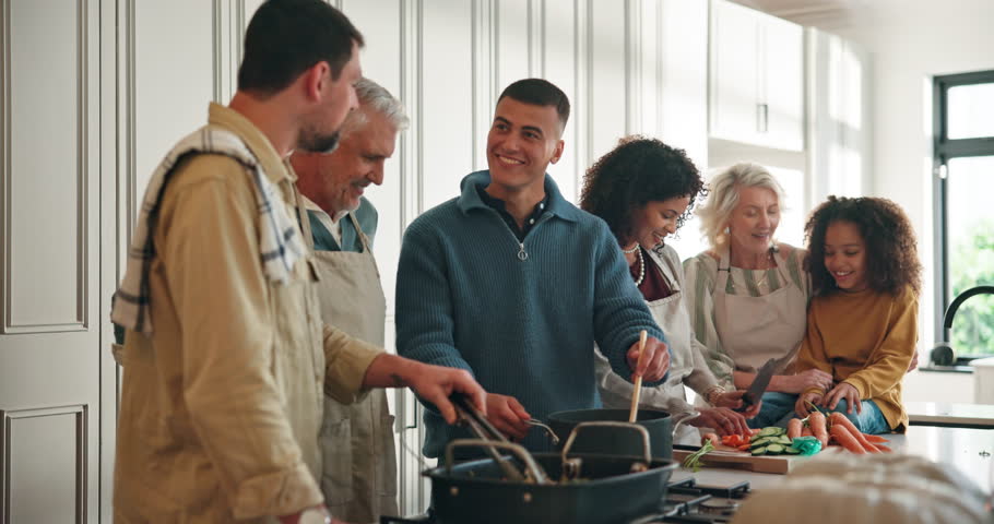 Big family, cooking and stirring food at house with discussion, meal prep and thanksgiving. People, talking and chop vegetables, hug child and culinary skills with social gathering of holiday reunion
