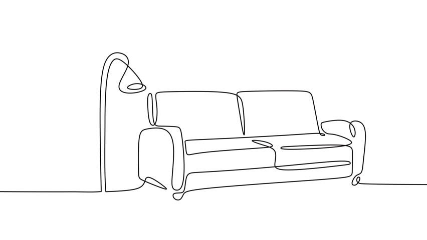 Animated self drawing of one continuous line forming a modern sofa couch for a living room. Home decor, furniture, and interior design concept. 4K UHD motion graphic clip.