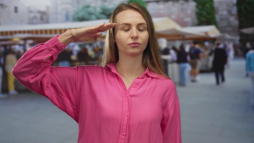 Woman in pink shirt saluting at market street with background blurred, showcasing city life with people shopping outdoors on a sunny day creating a lively urban scene.