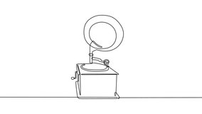 Self drawing animation of a vintage gramophone in a continuous one line style representing classic records, retro audio technology, and musical entertainment. - Powered by Shutterstock - Get 15% off with code: PIKWIZARD15