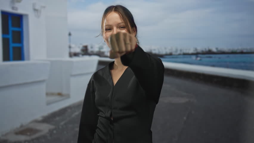 Woman punches fist forward on a seaside street promenade, smiling with ringed hand and black blouse; confidence empowerment.