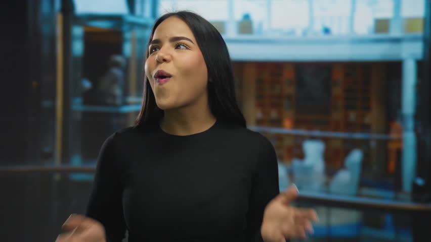Woman smiling joyfully in a modern hotel interior with bright lighting and contemporary decor, showcasing a vibrant atmosphere and latina elegance.