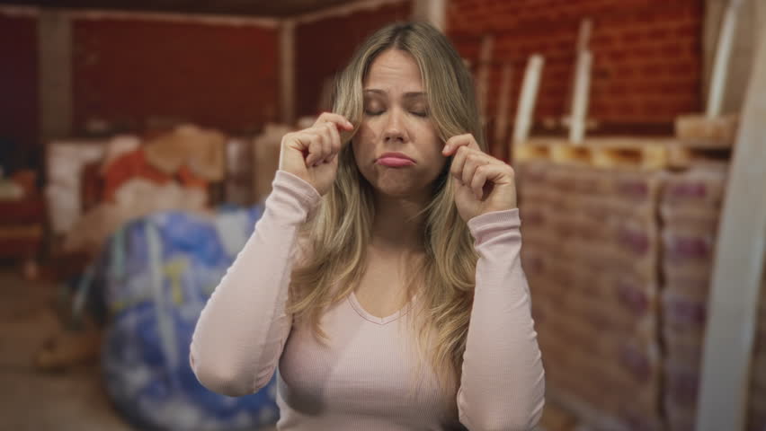 Woman with blonde hair rubs eyes against brick wall in construction site interior; sadness fatigue frustration.