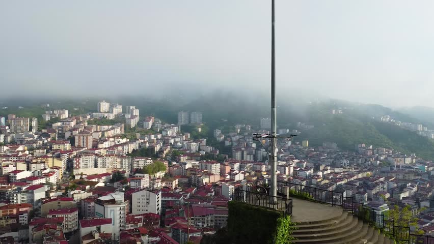 Aerial view of a small castle perched on a scenic spire. Espiye Andoz castle.Giresun,Turkey
