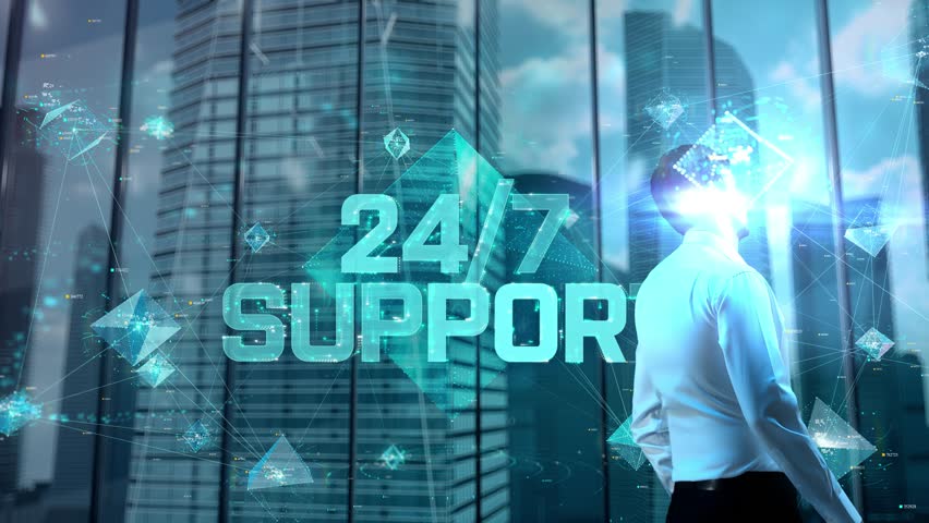 24 7 Support. Businessman Working in Office among Skyscrapers. Hologram Concept