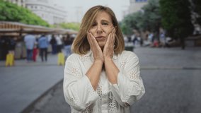 Woman pressing both cheeks in front of colorful outdoor souvenir stalls at a busy street market; toothache discomfort. - Powered by Shutterstock - Get 15% off with code: PIKWIZARD15