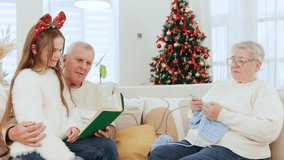 Grandfather reads a story to his granddaughter while grandmother knits on the couch beside a beautiful Christmas tree, capturing a cozy New Year celebration. - Powered by Shutterstock - Get 15% off with code: PIKWIZARD15