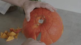 A man guts a pumpkin and scoops out the seeds. Man hands carving orange Halloween pumpkin table October 31. Jack O Lantern pumpkin at home family kitchen table. Preparing for family holiday. - Powered by Shutterstock - Get 15% off with code: PIKWIZARD15