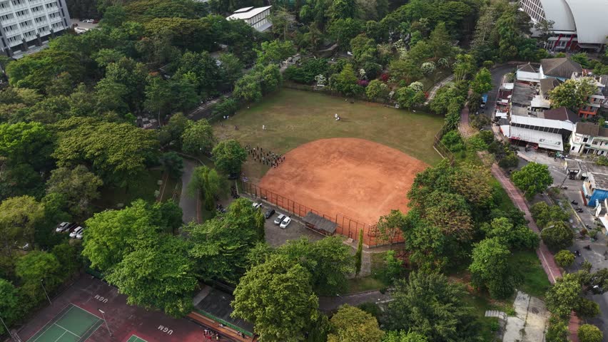 aerial shot of Gadjah Mada University baseball field. High quality 4k footage