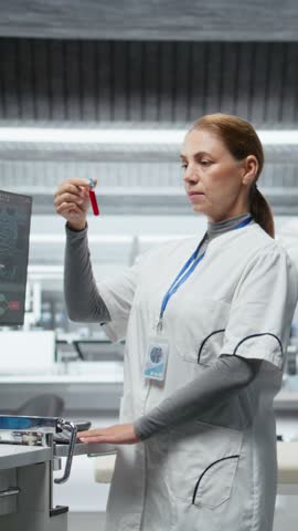 Vertical Video Female doctor checks blood samples from patient during clinical trial, monitoring vitals, dosage reactions and treatment progress. Woman works on advancing healthcare science. Camera A.