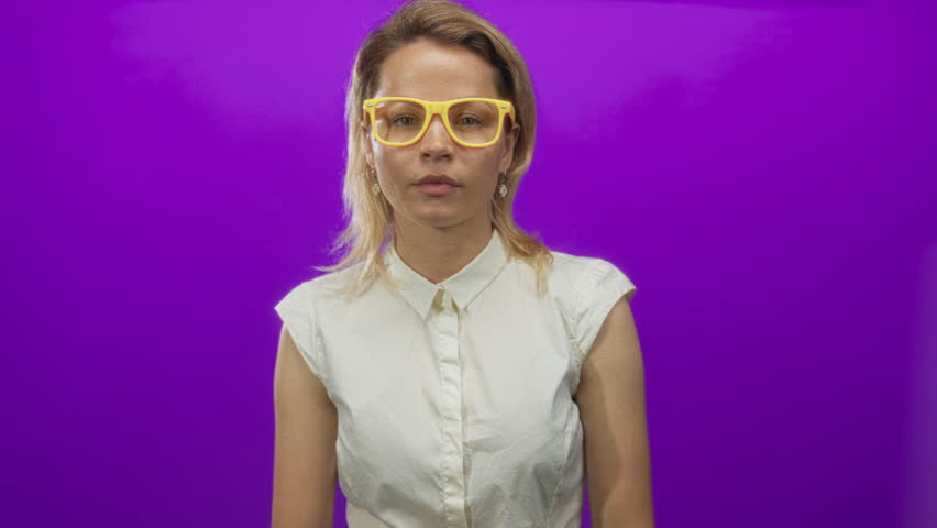 Woman wearing yellow glasses leans forward and adjusts glasses in purple studio setting; serious focus.