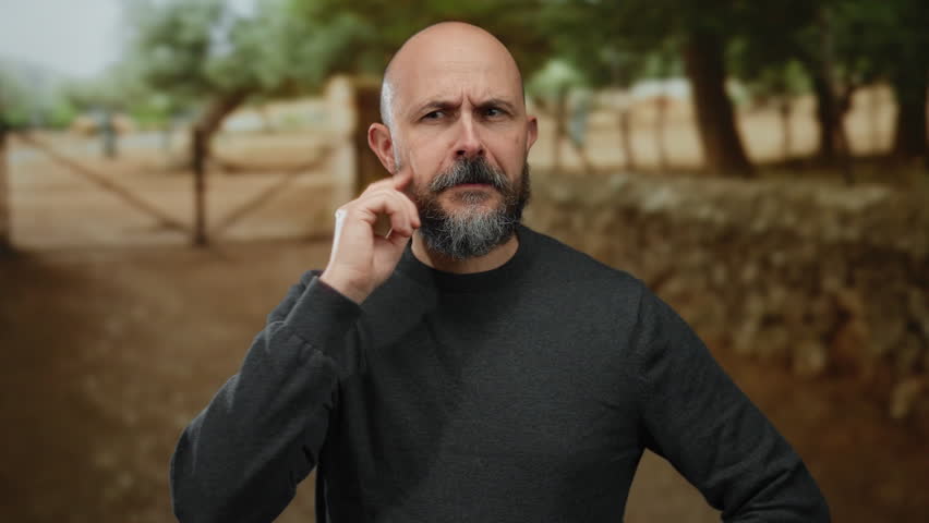 Bald bearded man gesturing thoughtfully in an outdoor park setting, surrounded by blurred trees, expressing contemplation in a natural and serene environment.