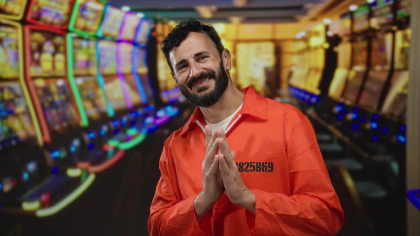 Man in prison jumpsuit in vibrant casino setting smiling amidst colorful slot machines suggesting contrasting scenarios of confinement and freedom.