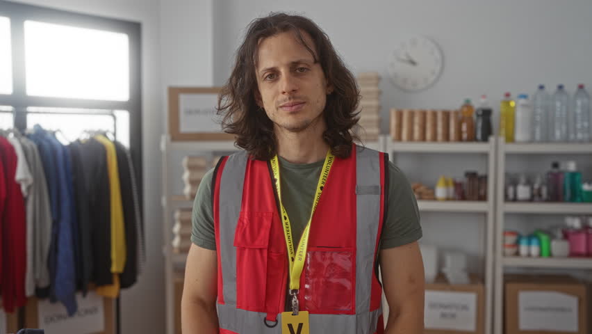 Man with long hair wearing volunteer vest holding a small red heart between fingers in a donation building, hand raised near chest; community support kindness.