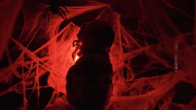 Silhouette Dramatic zombie man trapped in spiderwebs with big spider on red background. Halloween fantasy horror scene. - Powered by Shutterstock - Get 15% off with code: PIKWIZARD15