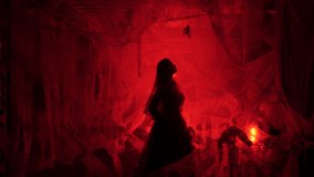 Dramatic witch or vampire woman with spider on red spiderwebs background. Halloween fantasy horror scene. - Powered by Shutterstock - Get 15% off with code: PIKWIZARD15