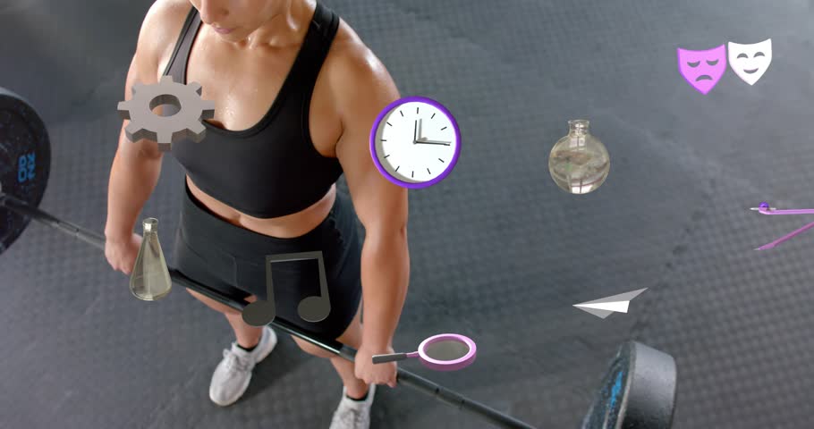 Gripping loaded barbell, woman bracing core and hinging hips for training with floating AR icons. Fitness, strength, training, empowerment, motion, determination, athleticism
