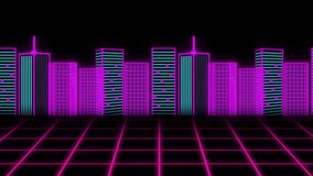 Neon waveform lines emerging then sweeping across grid to show data trends over retro city skyline. Futuristic, digital, abstract, vibrant, technology, innovation, analytics - Powered by Shutterstock - Get 15% off with code: PIKWIZARD15