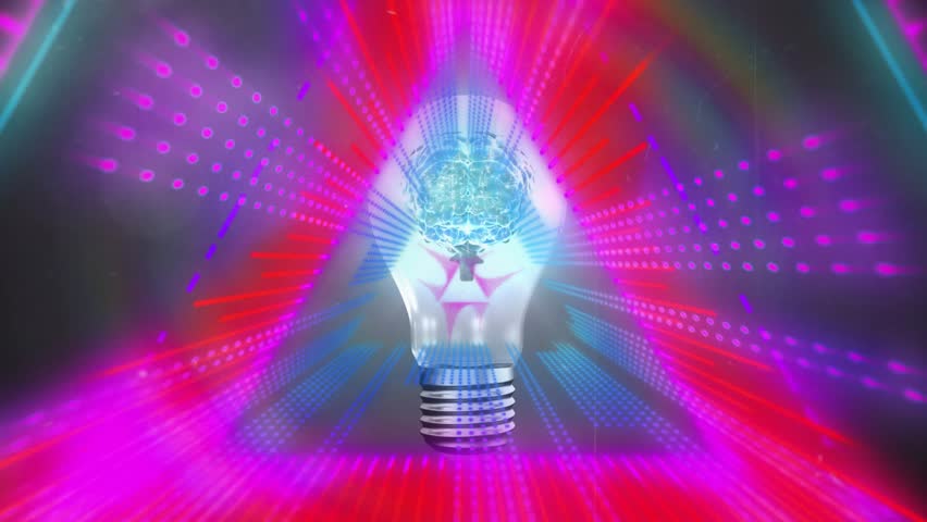 Small red triangle appearing on bulb initiating neon frame growth and highlighting brain glow. Futuristic, innovation, technology, digital, neon, abstract, neural - Powered by Shutterstock - Get 15% off with code: PIKWIZARD15