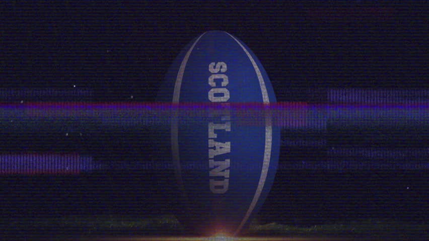 Digital noise initiating ball fading center, boot descending and kicking ball, showcasing Scotland. Digital glitch, sport action, athletic performance, stadium lighting, competition, dynamic motion,