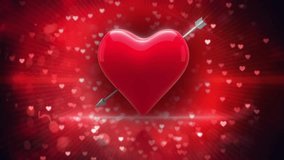 Animation with red heart being pierced by metal arrow, ribbons swirling revealing HUGE SALE text. Vibrant, energetic, romantic, abstract, dynamic, promotional, digital art - Powered by Shutterstock - Get 15% off with code: PIKWIZARD15