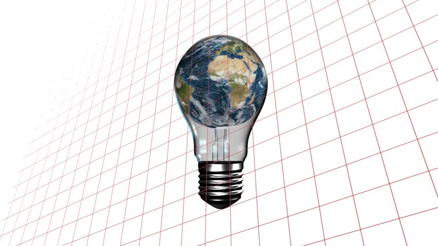 At start Earth-textured 3D bulb floating above grid while red equations and axes sketching geometry. Innovation, technology, abstract, educational, digital, futuristic, scientific