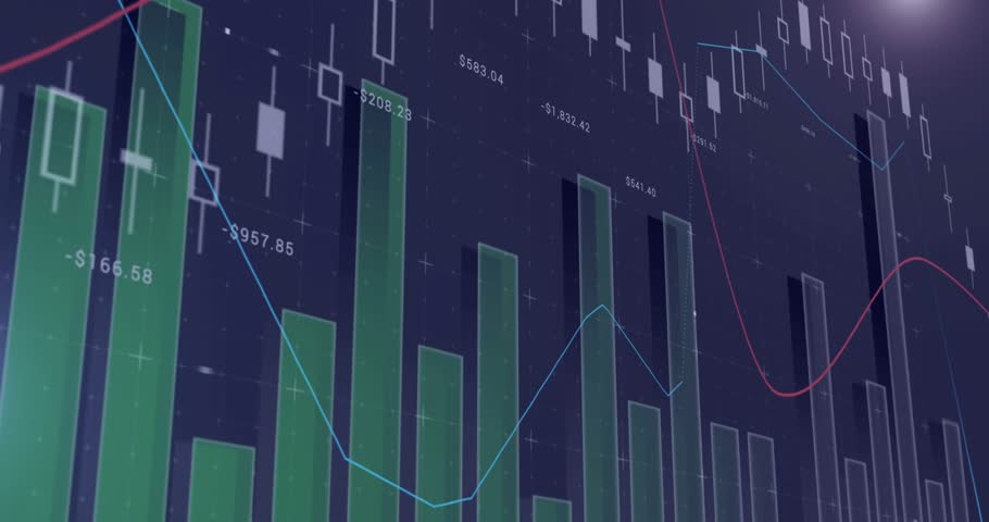 Opening chart launching green bars weaving through blue-red lines displaying social metric bubbles. Data, analytics, visualization, dashboard, finance, intelligence, metrics