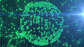 Scattered green blue nodes drifting over dark grid forming pulsing sphere, visualizing network. Futuristic, technology, networking, digital, abstract, data, visualization - Powered by Shutterstock - Get 15% off with code: PIKWIZARD15