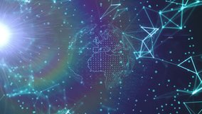 Lens-flare appearing causing digital globe emerging and rotating eastward, network pulsing dataflow. Futuristic, technology, connectivity, data visualization, abstract, digital network, innovation - Powered by Shutterstock - Get 15% off with code: PIKWIZARD15