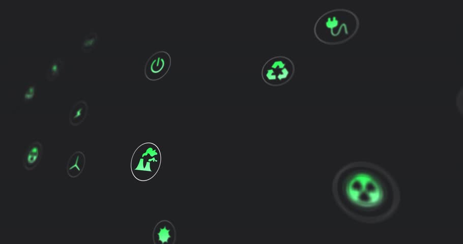 Eco icons emerging from left, drifting inward under orange-red flare highlighting key symbols. Sustainability, renewable, digital, innovation, environment, energy, conservation